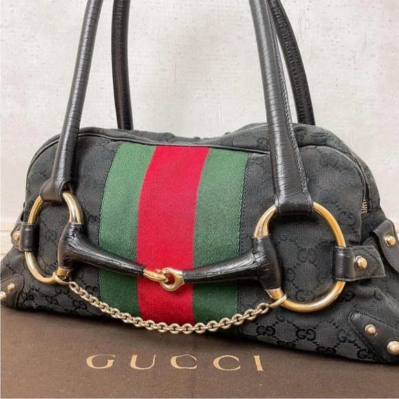Gucci Handbags - Gucci Black and Green Shoulder Bag with Red Stripe